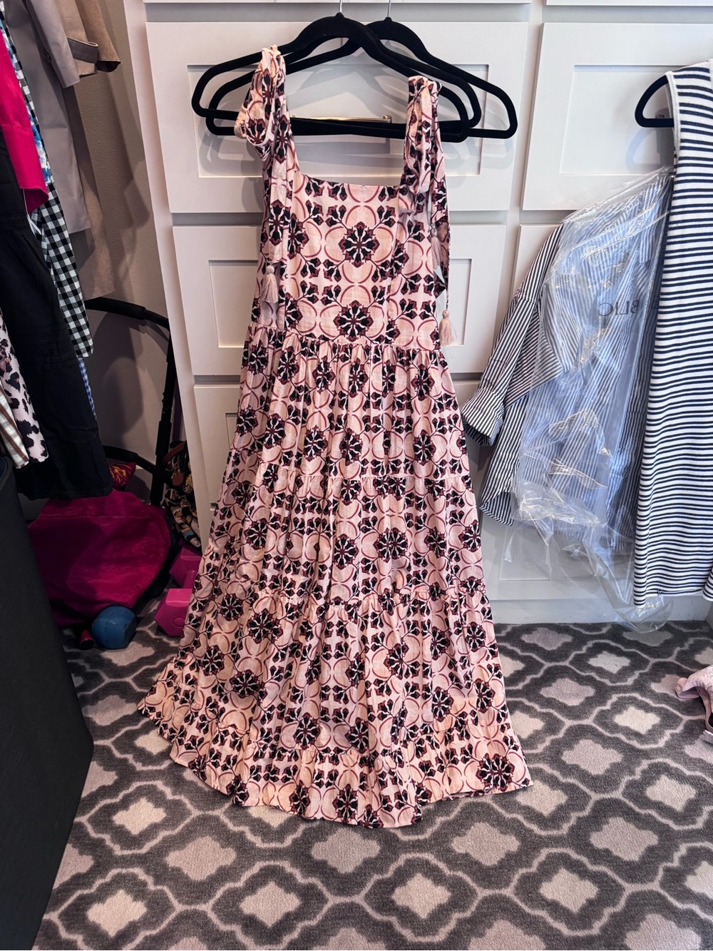 Pink Floral Tiered Sundress with Tie Straps